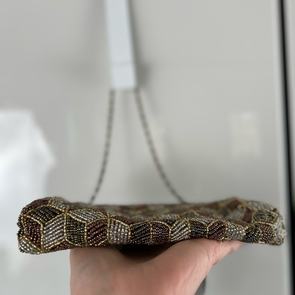 NWT MONI Couture Beaded Olive Green Amber Brown Formal Clutch With Bronze Accent - Picture 14 of 15